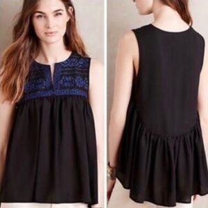 Anthropologie Maeve L Sisa Babydoll Tank Black Blue Hi Lo Embroidered Whimsigoth